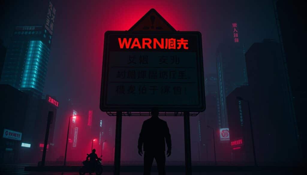 A stark and cautionary warning sign, backlit by an ominous crimson glow, stands against a shadowy, neon-tinged cityscape. The sign's message, "玩家風險提示", is rendered in bold, foreboding characters, casting an uneasy pall over the scene. In the foreground, a lone figure pauses, their silhouette obscured, contemplating the weighty implications of the warning. The atmosphere is one of unease and trepidation, underscoring the serious risks that players must navigate in the realm of online entertainment. A wide-angle lens captures the imposing scale of the sign, while dramatic lighting and muted tones evoke a sense of foreboding and the high stakes involved.