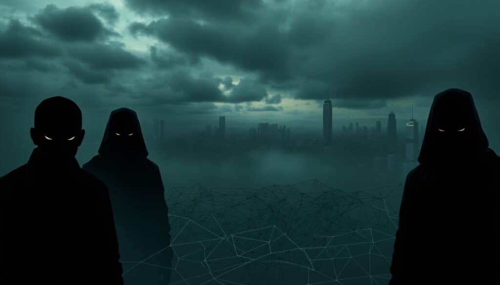 A stark and ominous blacklist against a somber backdrop, showcasing a series of suspicious figures and fraudulent entities. In the foreground, shadowy silhouettes with malicious expressions, hinting at the deceptive tactics of 2025's online casino scams. The middle ground is filled with a maze of tangled connections, web-like patterns symbolizing the intricate web of fraud. In the distant background, a sense of unease permeates, with a foreboding sky and a cityscape shrouded in an ominous haze, setting the tone for the treacherous landscape of Taiwan's gaming industry. Dramatic lighting casts dramatic shadows, emphasizing the gravity of the situation and the need for vigilance.