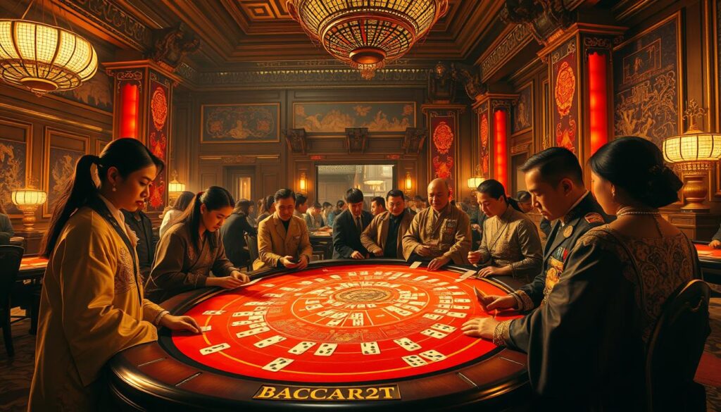 A stately casino hall in the heart of ancient China, bathed in warm, golden light. Elegant patrons in ornate robes gather around a gleaming baccarat table, their faces etched with concentration as they study the flowing cards. In the background, intricate architectural details and richly woven tapestries evoke the grandeur of a bygone era. The air is thick with the tension of high-stakes play, hinting at the centuries-old origins of this captivating game. A wide-angle lens captures the scene, drawing the viewer into the captivating world of百家樂's storied past.