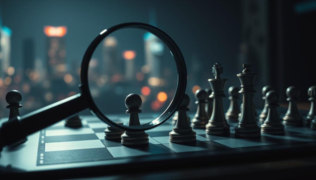 A strategic adjustment board with chess pieces, pawns, and icons representing various gaming strategies. The foreground features a magnifying glass hovering over the board, symbolizing the close examination of tactics. The middle ground shows the board in a dimly lit, contemplative setting, with subtle lighting casting shadows that highlight the pieces. The background features a blurred, out-of-focus cityscape, suggesting the broader gaming landscape. The overall mood is one of thoughtful reflection and a focus on refining game plans to enhance performance.
