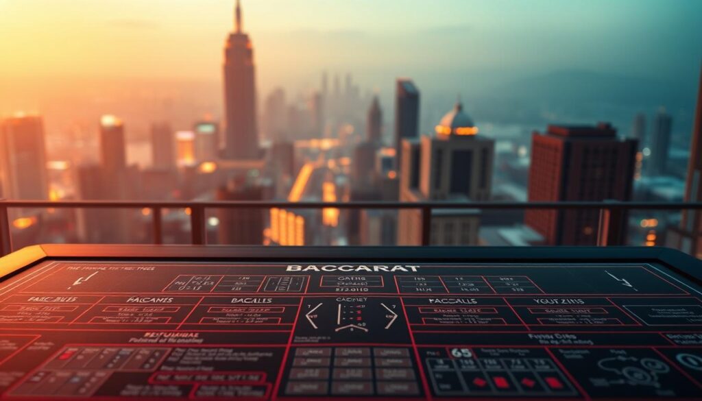 A strategic blueprint depicting the keys to successful baccarat betting. In the foreground, a detailed diagram showcases the optimal betting patterns, probabilities, and risk management techniques. The middle ground features a sleek, minimalist casino gaming table, bathed in warm, soft lighting that enhances the mood of focused contemplation. In the background, a hazy cityscape suggests the bustling energy of a thriving casino district, hinting at the high-stakes environment. The overall composition conveys a sense of analytical precision, practical guidance, and the thrill of the game, all of which are essential to mastering the art of triumphant baccarat wagering.