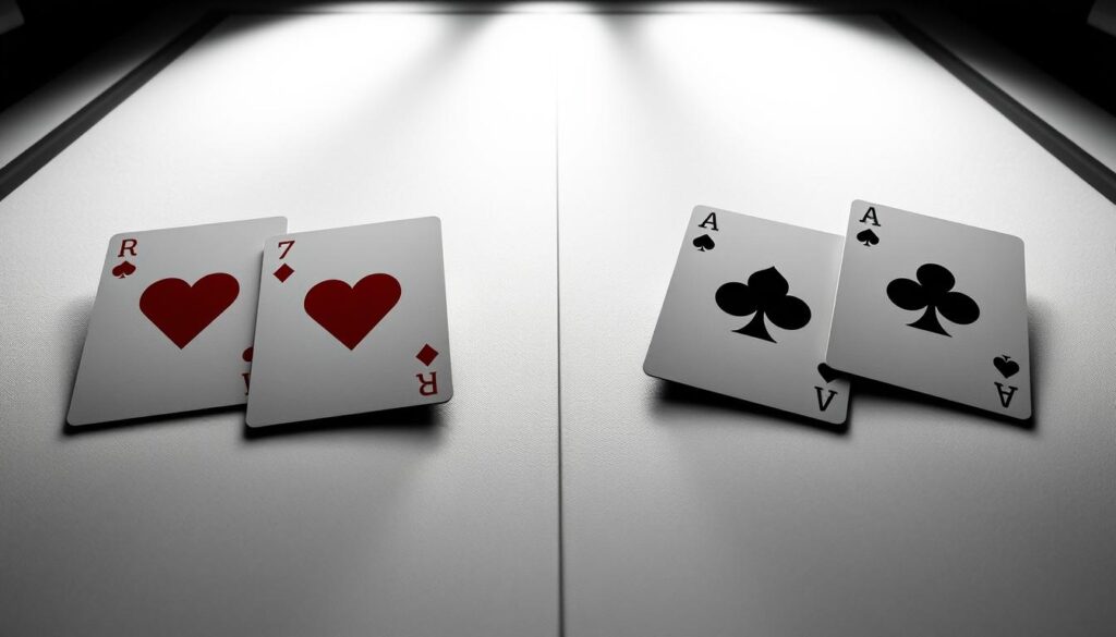 A strategic game board featuring classic poker card suits - hearts, diamonds, clubs, and spades. The board is rendered in a clean, minimalist style with a monochromatic color palette, creating a sense of focus and concentration. The cards are depicted as simple geometric shapes, emphasizing the core strategic elements of the game. Soft, directional lighting illuminates the board, casting subtle shadows and adding depth. The overall composition conveys a sense of analytical thought, decision-making, and mastery of poker fundamentals.