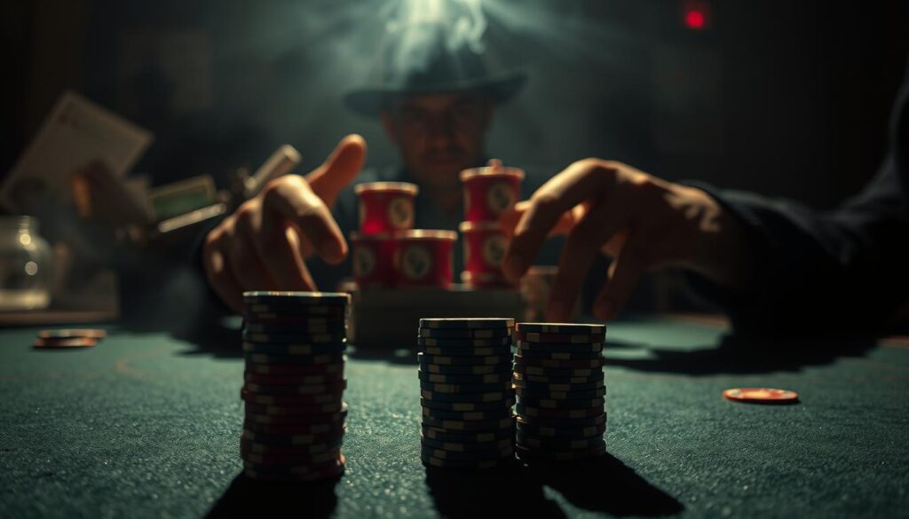 A strategic game of mental prowess unfolds on a felt battleground. In the foreground, a stack of poker chips emerges, casting sharp-edged shadows that convey the high-stakes tension. The middle ground features a pair of weathered, experienced hands, positioned as if about to make a crucial play. Surrounding them, a hazy, dimly lit environment suggestive of a casino or underground poker den, where the air is thick with the weight of calculated decisions and unspoken tells. Dramatic chiaroscuro lighting casts dramatic highlights and shadows, heightening the sense of psychological intensity and the covert nature of the "mind games" being played. An atmosphere of calculated risk, emotional control, and the thrill of the ultimate bluff.