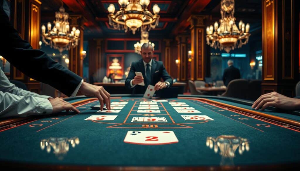 A strategic game plan for the classic baccarat casino game, depicted with a professional, authoritative style. The foreground shows a glass-topped gaming table with high-quality felt and elegant wooden trim, illuminated by warm, directional lighting. In the middle ground, a dealer's hands deal cards with precision, while players' hands make calculated decisions. The background features a luxurious casino interior with ornate columns, chandeliers, and a subtle haze, conveying an atmosphere of sophisticated gameplay and elevated stakes. Technical details like a shallow depth of field and a slightly low camera angle enhance the sense of immersion and importance.