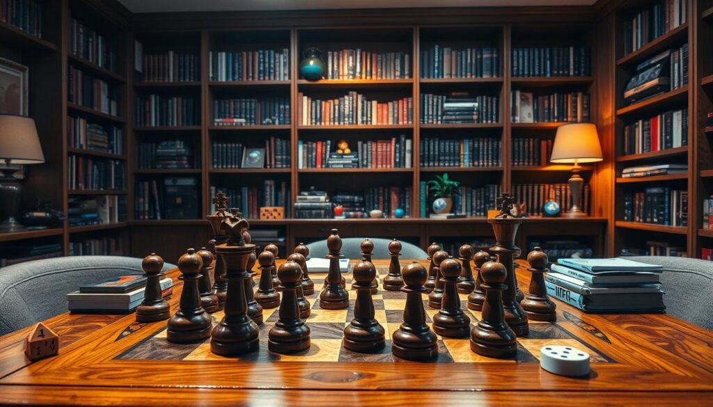 A strategic game table set in a warm, modern study. The foreground features a chessboard with intricate wooden pieces, the middle ground showcases various gaming accessories like dice, cards, and tokens, and the background depicts floor-to-ceiling bookshelves filled with gaming strategy guides. Soft, directional lighting casts a cozy glow, accentuating the polished wood tones and creating dynamic shadows. The overall atmosphere evokes a sense of focused contemplation, inviting the viewer to immerse themselves in the nuances of game strategy.
