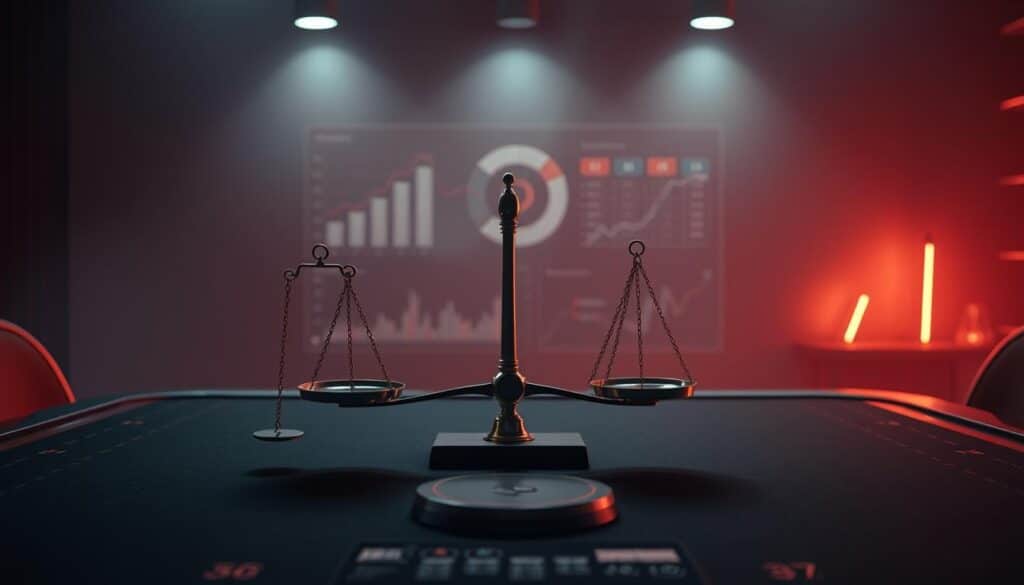 A strategic gaming table set against a muted, contemplative backdrop. In the foreground, a stylized representation of winning and losing scales, balanced precariously. The middle ground features a series of abstract, data-driven visualizations, conveying the nuances of profitability analysis. The background subtly hints at the online casino environment, with muted lights and minimalist design elements. Warm lighting casts a pensive glow, inviting the viewer to engage with the complex interplay of risk and reward. The overall composition suggests a thoughtful, data-driven approach to maximizing returns in the dynamic world of online entertainment.