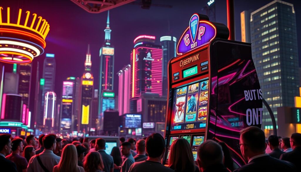 A striking casino slot machine against a backdrop of vibrant lights and a dynamic cityscape. The machine's glossy exterior shimmers under dramatic studio lighting, its bold graphics and colorful animations beckoning players to try their luck. The scene conveys a sense of anticipation and excitement, capturing the allure of online casino gaming. The middle ground features a crowd of patrons, their faces illuminated by the machine's captivating display. In the background, the bustling metropolis sets the stage, its towering skyscrapers and neon-lit streets creating an immersive atmosphere of urban entertainment.