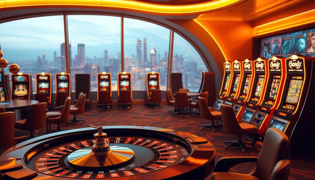 A striking digital casino interior, illuminated by a warm, golden glow. In the foreground, a sleek, futuristic-looking roulette table with a minimalist design, surrounded by comfortable leather chairs. The middle ground features rows of glossy, high-tech slot machines, their screens displaying vibrant, captivating graphics. In the background, a large, curved window offers a panoramic view of a bustling city skyline, creating a sense of excitement and possibility. The lighting is soft and atmospheric, enhancing the luxurious yet modern ambiance of the space. The overall composition conveys a successful transformation from a traditional casino to a cutting-edge, technologically-advanced entertainment hub.