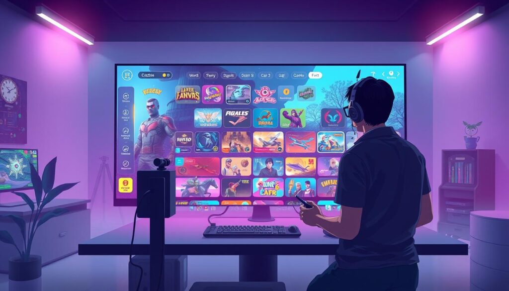 A striking digital illustration showcasing a vibrant online gaming interface. In the foreground, a user is customizing various game elements such as avatars, power-ups, and level layouts with intuitive controls. The middle ground depicts a diverse array of game genres and themes, from classic arcade to modern esports, represented through vivid icons and interfaces. The background features a sleek, minimalist workspace with a large display screen, creating an immersive, tech-savvy atmosphere. The lighting is soft and diffused, accentuating the clean, modern aesthetic. The overall scene conveys the seamless integration of personalization and the expansive world of online gaming.