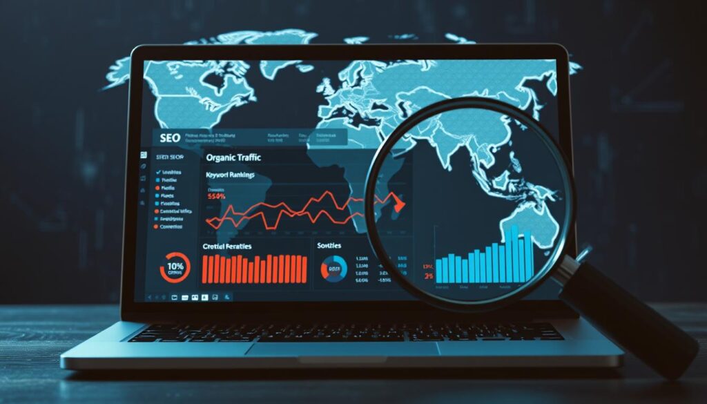 A striking, high-definition image showcasing the concept of "SEO效果持續追蹤". In the foreground, a laptop screen displays a dynamic dashboard tracking key SEO metrics over time - organic traffic, keyword rankings, and conversion rates. The middle ground features a magnifying glass scrutinizing the data, emphasizing the importance of close monitoring. In the background, a stylized world map highlights the global reach and impact of SEO. The image is bathed in a cool, professional tone, conveying the gravity and necessity of continually measuring SEO performance. Crisp lighting, a clean composition, and a sense of analytical focus combine to create a compelling visual that encapsulates the subject.