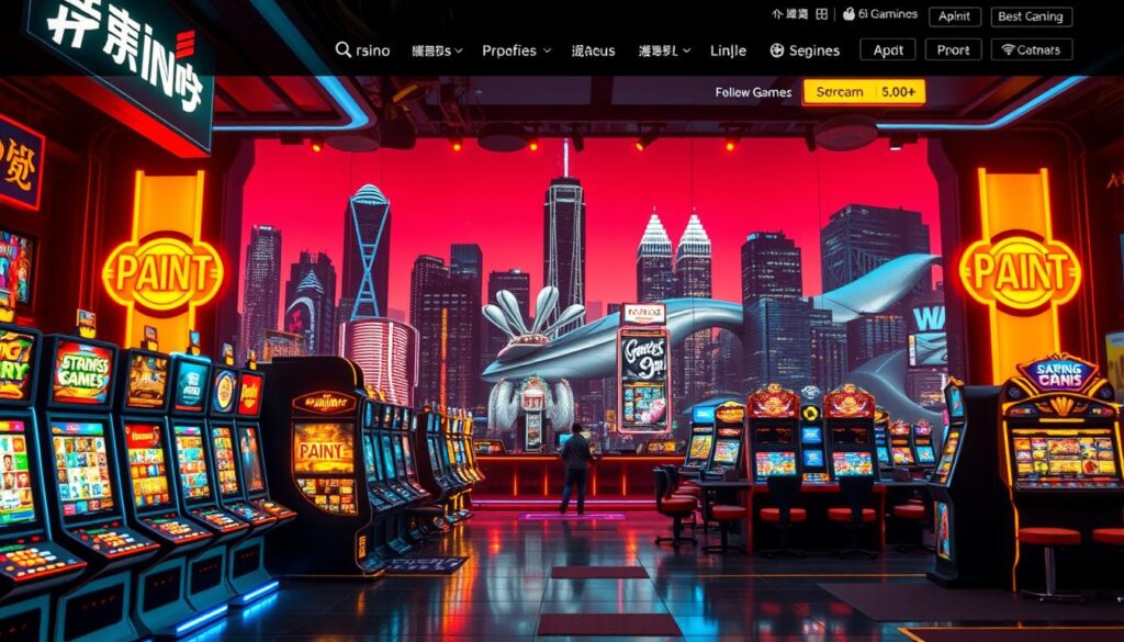 A striking scene of an online casino gaming website, showcasing its best games. In the foreground, a vibrant display of slot machines, table games, and live dealer options, illuminated by warm, inviting lighting. The middle ground features sleek, modern interface design with intuitive navigation, drawing the viewer's attention to the wide array of gaming options. In the background, a subtle yet captivating cityscape backdrop, suggesting the excitement and energy of the digital entertainment world. The overall composition conveys a sense of sophistication, professionalism, and the thrill of online gaming, capturing the essence of the "Best Website Games" and the generous bonus strategies that await the discerning Taiwan player.