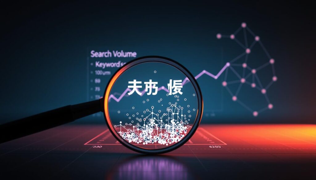 A striking visualization of "關鍵字分析" against a sleek, minimalist backdrop. In the foreground, a magnifying glass hovers over a scatter plot of data points, representing the complex relationships between keywords and their performance metrics. The midground features a elegant graph depicting keyword volume and search trends, while the background showcases a clean, geometric layout of interconnected nodes and lines, symbolizing the interconnected nature of SEO and digital marketing. The overall scene is bathed in a warm, diffused lighting, creating a sense of thoughtfulness and analysis. The composition is balanced and visually compelling, drawing the viewer's eye through the various layers of information.