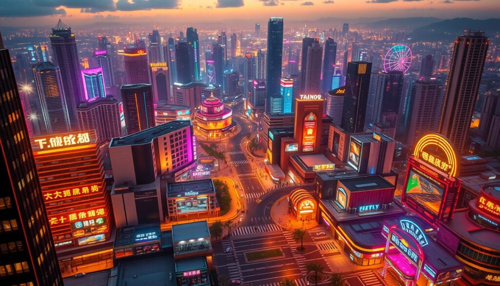 A stunning aerial view of a thriving Taiwanese online entertainment city, with a vibrant mix of neon-lit casinos, lively sports betting establishments, and immersive virtual reality gaming hubs. The vibrant cityscape is bathed in a warm, golden glow, creating a captivating atmosphere of excitement and possibility. In the foreground, a bustling intersection showcases the diverse array of entertainment options, from sleek high-rise towers to cozy neighborhood arcades. The middle ground is dotted with towering skyscrapers, their reflective facades mirroring the energy of the city below. In the distance, the skyline fades into a hazy, dream-like horizon, hinting at the endless possibilities that await players within this thriving Taiwanese online entertainment landscape.