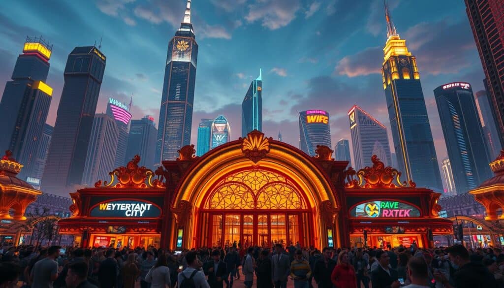A stunning cityscape rises, its towering skyscrapers and neon-lit facades casting a captivating glow against the night sky. In the foreground, the grand entrance of WG Entertainment City stands tall, its gilded arches and ornate decorations beckoning visitors to explore the vibrant world within. The middle ground features bustling crowds, their excitement palpable as they stream through the doors, eager to experience the thrills and wonders that await. In the background, the city skyline stretches out, a testament to the rapid growth and technological advancements that have propelled WG Entertainment City to the forefront of the industry. Warm, golden lighting illuminates the scene, capturing the energy and allure of this premier entertainment destination.