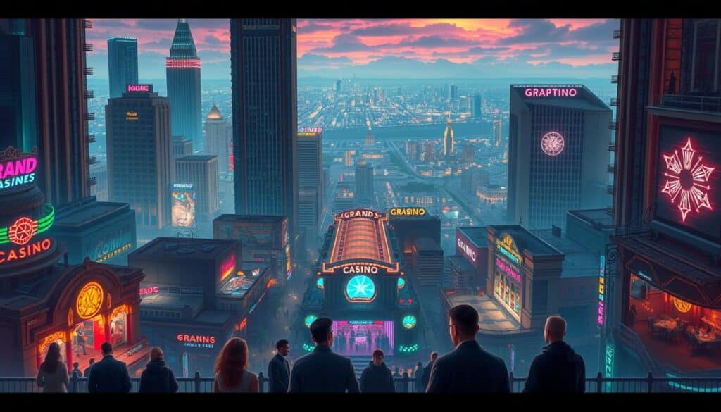 A stunning illustration of an online entertainment city, showcasing a vibrant metropolis with towering skyscrapers, neon-lit streets, and a bustling night life. In the foreground, a group of people stand at the entrance of a grand casino, their faces lit by the warm glow of the entrance. The middle ground features a variety of entertainment options, from sleek hotels to lively bars and restaurants. In the background, a sprawling cityscape extends into the distance, with a mix of modern and traditional architecture. The scene is captured with a cinematic widescreen lens, creating a sense of depth and immersion. The overall mood is one of excitement and sophistication, enticing the viewer to explore the thriving entertainment hub.