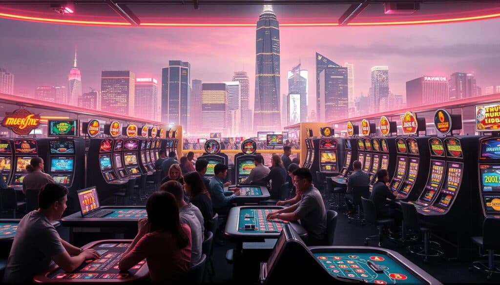 A stunning online casino platform with a sleek and modern design, showcasing a vibrant array of virtual gaming tables and slot machines against a backdrop of shimmering city lights. The foreground features a group of players immersed in the thrill of the games, their expressions a mix of concentration and excitement. The middle ground highlights the platform's intuitive user interface, with smooth navigation and seamless integration of various gaming options. In the background, a towering skyscraper skyline reflects the platform's urban sophistication, while soft, warm lighting sets a welcoming and inviting atmosphere. Crisp, high-resolution textures and meticulous attention to detail bring this state-of-the-art online entertainment center to life.