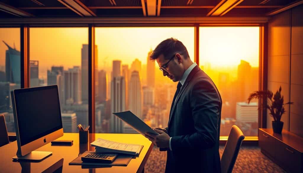 A stylish and elegant office setting with a businessman in the foreground, deep in thought as he reviews financial documents. The backdrop features a large window overlooking a bustling city skyline, bathed in warm, golden lighting that creates a sense of professionalism and confidence. The middle ground showcases a modern, minimalist desk with a computer, calculator, and other risk management tools, reflecting the subject's diligent approach to financial strategy. The overall mood is one of careful consideration, strategic planning, and a commitment to responsible decision-making.