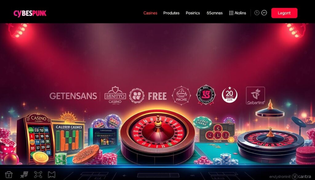 A stylish and modern casino-themed website interface, featuring a sleek and intuitive design. The foreground showcases various casino games and gambling activities, including slots, roulette, and card tables, all rendered in vibrant, high-definition graphics. The middle ground presents a selection of casino logos, badges, and promotional elements, highlighting the trustworthiness and legitimacy of the gambling platforms. In the background, a subtle pattern of playing card suits or casino chips creates a visually compelling and immersive atmosphere. The overall composition conveys a sense of excitement, sophistication, and reliability, inviting the viewer to explore the array of online gambling options.