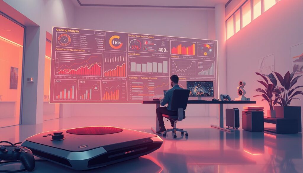 A stylized, data-driven illustration of a gaming analysis dashboard. Set in a minimalist, high-tech workspace, the image features a large, holographic display showing graphs, charts, and visualizations of gaming metrics and probabilities. In the foreground, a sleek, futuristic gaming console is nestled among various input devices and peripherals. The middle ground showcases a professional sitting at a modern desk, intently studying the display. Warm, indirect lighting illuminates the scene, creating a contemplative, analytical atmosphere. The background is a clean, architectural setting with subtle references to the gaming industry, such as neon accents or subtle gaming motifs.