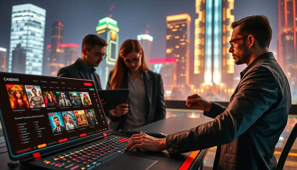 A successful online casino operation showcased in a sleek, contemporary setting. In the foreground, a stylish user interface with intuitive controls, enticing game thumbnails, and a seamless mobile-friendly design. The middle ground features a team of experts, analysts, and developers collaborating to optimize the user experience and drive growth. In the background, a gleaming cityscape at night, with neon-lit skyscrapers and a vibrant, energetic atmosphere. Warm lighting casts a glow over the scene, creating a sense of excitement and professionalism. The overall composition conveys the power of strategic planning, data-driven decision-making, and innovative technology in propelling an online casino to success.