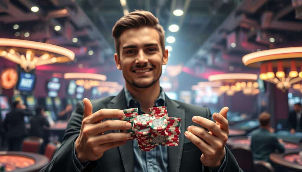 A successful online casino player stands triumphantly, holding a stack of casino chips against a backdrop of glittering lights and the bustling energy of a high-stakes gaming floor. Soft, warm lighting illuminates their face, revealing a confident, satisfied expression. The player's attire is smart and stylish, hinting at their savvy approach to the game. In the foreground, the player's hands are carefully arranging the chips, symbolizing the strategic thinking and discipline that led to their victory. The scene conveys a sense of achievement, hard-earned through skill and perseverance in the world of online casino gaming.