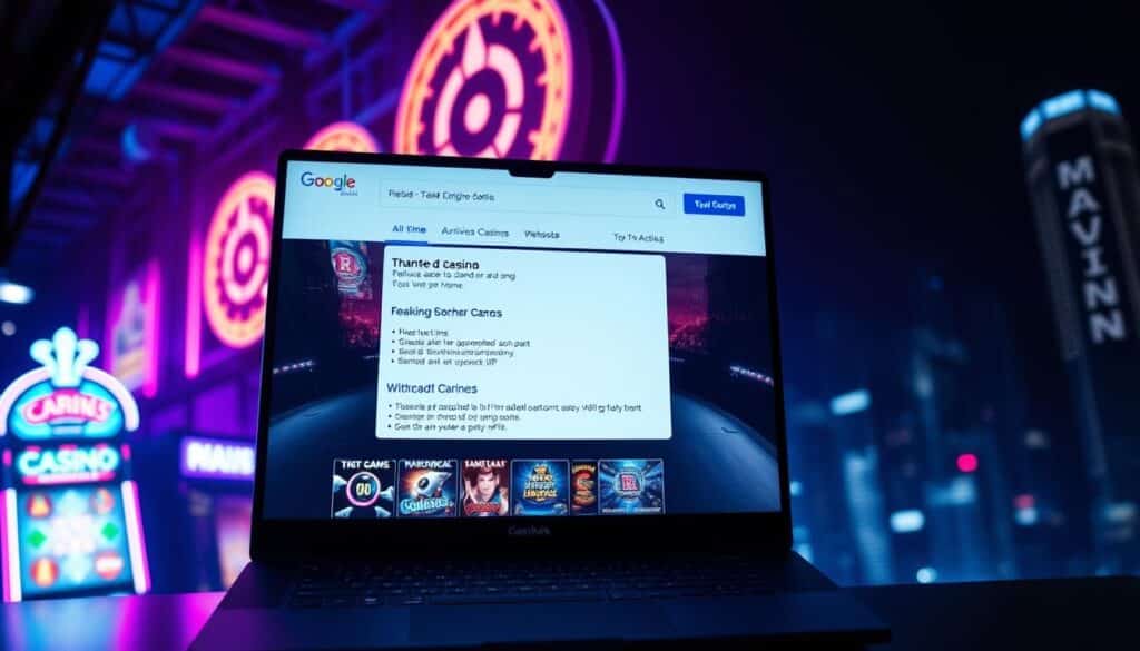 A successful online casino website SEO ranking case study. A modern, sleek casino-themed website design against a background of vibrant neon lights and glittering slots. The foreground features a carefully optimized homepage showcasing featured games, bonuses, and a prominent call-to-action. The middle ground depicts a search engine results page, with the client's website ranking top of the list. The background is a cityscape at night, representing the thriving online casino industry. Subdued blue and purple tones create an atmospheric, high-end feel. Cinematic lighting and a shallow depth of field add visual interest and draw the viewer's attention to the key details.