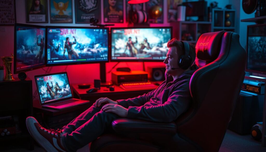 A successful online gaming enthusiast sitting comfortably in a plush gaming chair, basking in the warm glow of multiple high-resolution displays showcasing their favorite games. The lighting is soft and ambient, creating a cozy, inviting atmosphere. In the background, glimpses of gaming memorabilia, trophies, and collectibles can be seen, hinting at the player's dedication and passion. The overall scene conveys a sense of accomplishment, comfort, and the thrill of immersive gaming experiences.