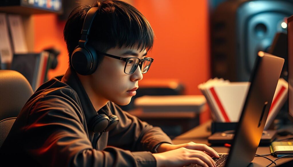 A successful young Taiwanese gambler sits at a desk, focused intently on a laptop screen. Warm lighting illuminates their face, casting a determined expression. Behind them, a carefully curated arrangement of gaming peripherals and strategy guides suggests an organized, disciplined approach. The background blurs softly, drawing the viewer's attention to the subject's unwavering attention. An aura of concentration and calculated risk-taking permeates the scene, conveying the essence of a carefully managed, triumphant gambling journey.