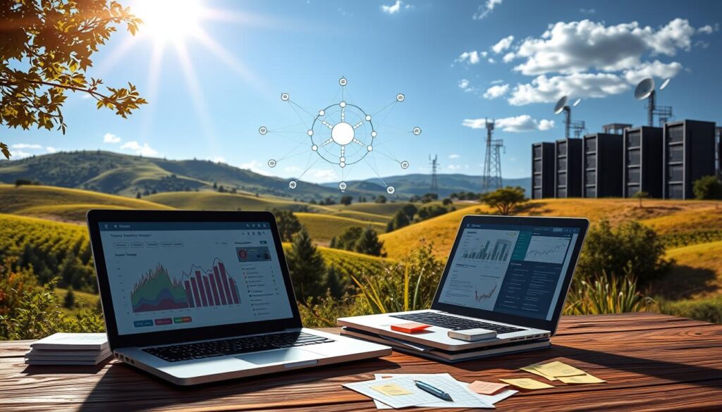 A sun-dappled, serene landscape with rolling hills and lush greenery. In the foreground, a sleek, modern laptop rests on a wooden table, its screen displaying analytics and metrics. Beside it, stacks of research materials and strategically placed post-it notes suggest a methodical approach to search engine optimization. In the middle ground, a stylized network diagram illustrates the complex interplay of on-page, off-page, and technical factors that contribute to improved website visibility. Towering server racks and satellite dishes in the background symbolize the technological infrastructure powering the digital landscape. The overall mood is one of focus, optimization, and a sense of steady progress towards higher search rankings.