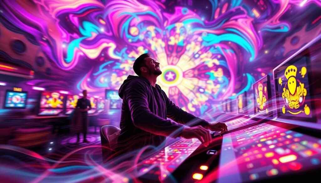 A surreal and dynamic scene of a player immersed in a visually stunning casino game, surrounded by a fluid, abstract environment. The player's figure is rendered with a sense of motion and energy, conveying the flexibility and adaptability of the gaming experience. The background features a kaleidoscopic array of vibrant, swirling colors and shapes, creating an immersive and captivating atmosphere. Subtle lighting effects and a dreamlike, cinematic quality add to the sense of awe and wonder. The composition is balanced and draws the viewer's attention to the player's engaged and enthusiastic expression, highlighting the transformative and exhilarating nature of the gaming experience.