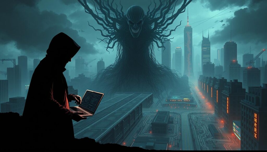 A surreal digital illustration depicting a looming, ominous cyber threat. In the foreground, a shadowy figure wielding a laptop casts an eerie glow, symbolizing the deceptive nature of online fraud. The middle ground shows a maze of interconnected circuits and data streams, hinting at the complex web of cybercrime. In the background, a dystopian cityscape with towering skyscrapers and neon-lit streets sets an atmosphere of technological dominance and urban decay. Dramatic chiaroscuro lighting creates a sense of unease, while a muted color palette evokes a sense of digital unease. The overall composition conveys a cautionary tale about the perils of online fraud and the need for vigilance in the digital age.