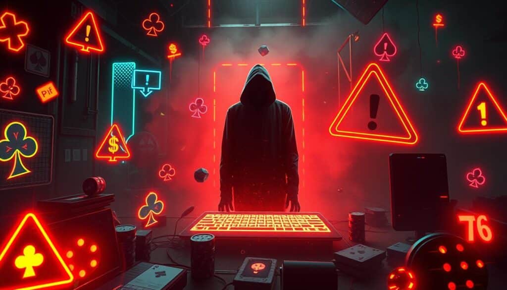 A surreal digital illustration depicting eerie warning signs of online gambling fraud. The foreground features glitching, neon-colored icons and symbols commonly associated with online casinos, such as playing cards, dice, and dollar signs, emitting an ominous glow. The middle ground showcases a shadowy, distorted figure representing the deceptive nature of these scams. The background is shrouded in an unsettling, hazy atmosphere, with a sense of unease and unease pervading the scene. The lighting is dramatic, with stark contrasts and a sense of foreboding, evoking the dangers of falling victim to online gambling deceptions. The overall composition conveys a sense of cautionary alarm, highlighting the need for heightened vigilance against these emerging threats.