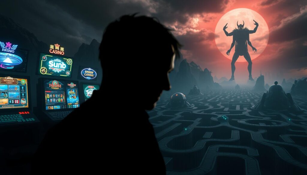 A surreal landscape depicting the perils of online gambling. In the foreground, a shadowy figure is consumed by the glowing screens of various casino-style games, their features obscured by the hypnotic pull of the flashing lights. The middle ground is a maze of dark, winding paths, representing the convoluted and often deceptive nature of these virtual gambling platforms. In the background, a looming, ominous structure casts an ominous shadow, symbolizing the underlying risks and potential consequences of succumbing to the allure of these virtual temptations. The overall scene is rendered in a somber, foreboding palette, evoking a sense of unease and the weight of the "遊戲風險" that lurks beneath the surface of these seductive online experiences.