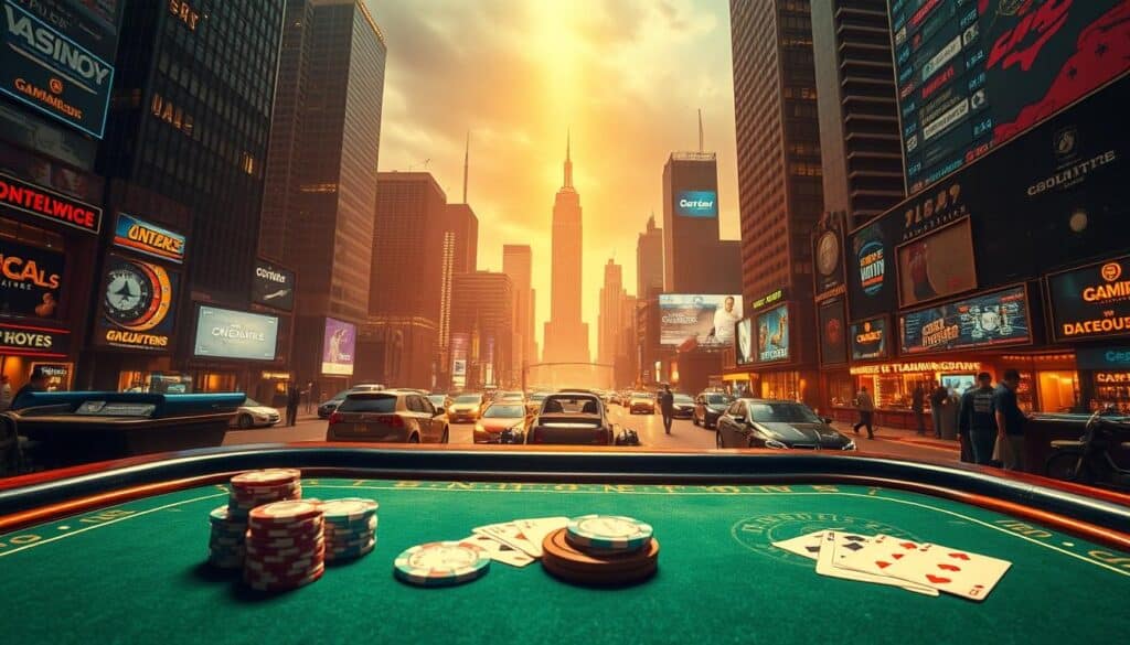 A sweeping panorama of the history of online gambling in the United States, illuminating its rise from niche pastime to a thriving industry. In the foreground, a vintage gambling table with classic casino chips and playing cards, hinting at the early days of digital wagering. The middle ground showcases the evolution of gaming platforms, from rudimentary web-based interfaces to slick, mobile-optimized interfaces. In the background, a cityscape of gleaming skyscrapers and bustling streets, symbolizing the scale and integration of online entertainment into modern life. The scene is bathed in a warm, golden glow, conveying a sense of nostalgia and progress. The overall atmosphere is one of exploration, innovation, and the enduring allure of the chance to strike it big.