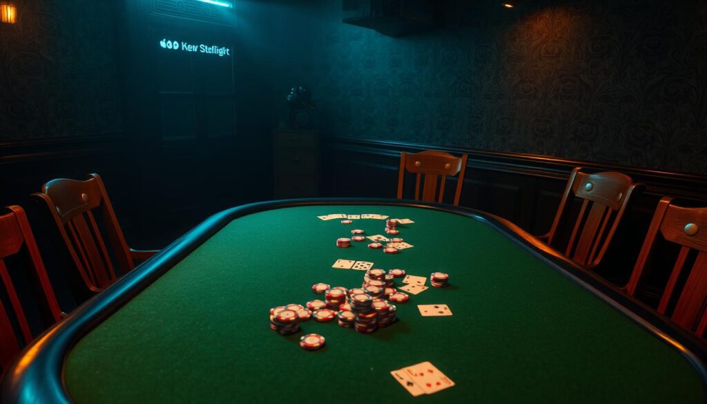 A table in a dimly lit, warm-toned poker room. The green felt surface is dotted with poker chips in various denominations, and cards are arranged in a fan-like pattern. Wooden chairs surround the table, and a comfortable, inviting atmosphere pervades the scene. The lighting casts soft shadows, creating a sense of depth and drama. In the background, a subtle, muted wallpaper pattern adds texture and visual interest. The overall composition conveys the classic, timeless appeal of a traditional Texas Hold'em poker game.