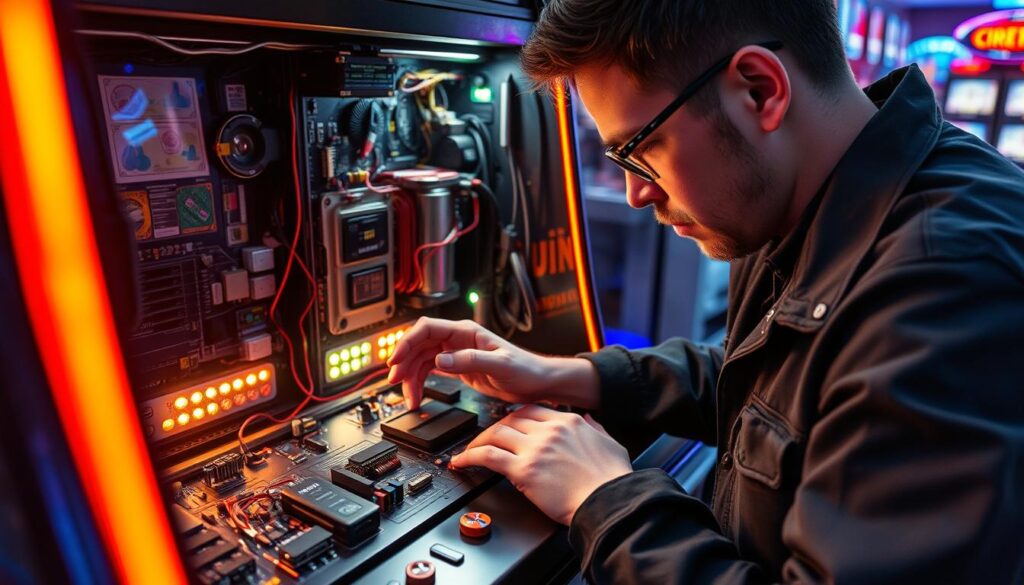 A technician examining the inner workings of a malfunctioning casino game console, illuminated by the soft glow of LED lights. The console's circuit boards and wiring are meticulously laid out on a clean, organized workbench, with various diagnostic tools and spare parts nearby. The technician's face is focused, their hands deftly troubleshooting the issue, seeking to restore the game to perfect working order. The scene conveys a sense of technical expertise, problem-solving, and the importance of maintaining the reliability of casino gaming equipment.