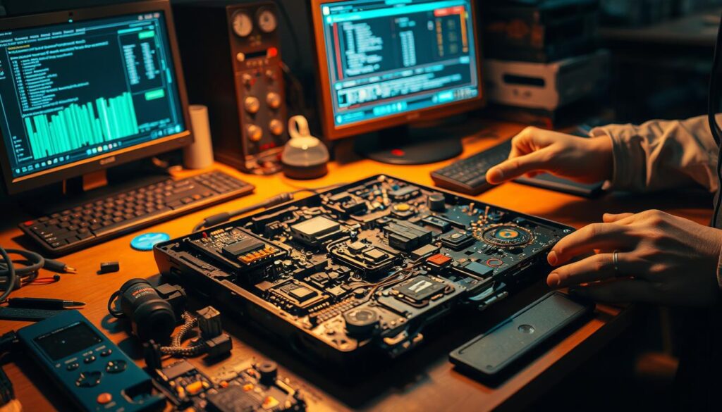 A technician's workbench, illuminated by warm, focused lighting, showcases a disassembled video game console. Intricate circuits, gears, and components are meticulously spread out, ready for inspection and repair. The scene conveys a sense of concentration and problem-solving, with the technician's hands skillfully navigating the delicate internals. In the background, a computer monitor displays diagnostic information, providing valuable insights to guide the repair process. The overall atmosphere is one of technical expertise, determination, and the satisfaction of restoring a malfunctioning system to full functionality.