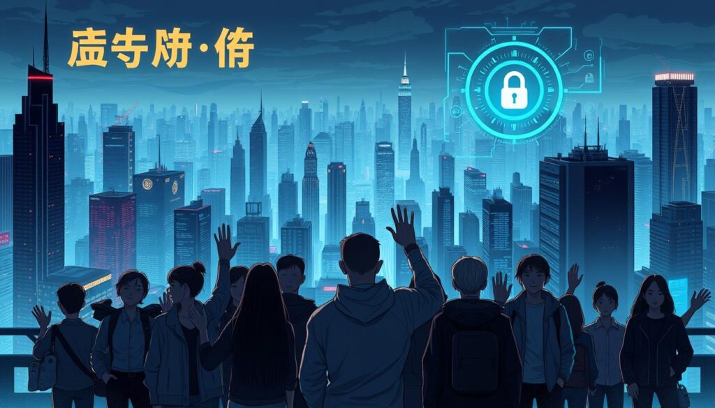 A thought-provoking illustration of "防詐騙意識" against a backdrop of a bustling city skyline. In the foreground, a group of people stand vigilantly, their faces expressing a mix of concern and determination. They hold up their hands in a cautionary gesture, warning of the dangers of financial fraud. The middle ground features a maze of skyscrapers, casting long shadows that symbolize the complexities of modern finance. In the distance, a glowing digital interface depicts various security measures, suggesting the importance of technological safeguards. The overall atmosphere conveys a sense of urgency and the need for heightened awareness in the face of emerging scams.
