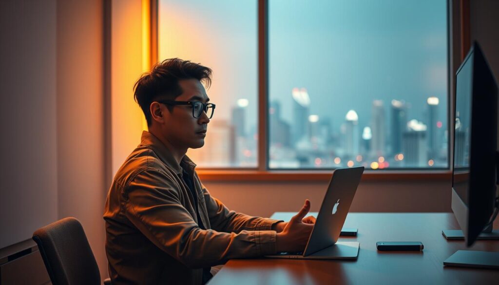 A thoughtful Taiwanese man sitting at a desk, pondering his options for online entertainment. The scene is bathed in warm, natural lighting, creating a serene and introspective atmosphere. The man's expression conveys a sense of consideration as he reviews information on his laptop screen, surrounded by a minimalist office space with clean lines and muted colors. In the background, a window offers a glimpse of a vibrant city skyline, suggesting the broader context of the decision-making process. The overall composition emphasizes the individual's contemplation and the importance of carefully selecting the right online entertainment destination.