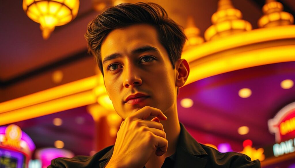 A thoughtful, confident individual stands before a backdrop of vibrant casino lights, their gaze radiating a calm, focused determination. The scene is bathed in a warm, golden glow, creating an aura of success and achievement. Subtle details, such as a steady, unwavering hand and a serene, analytical expression, suggest the mental fortitude and discipline required to excel at high-stakes gambling. The composition is framed to emphasize the player's poise and composure, capturing the essence of the "成功玩家的心理素質" that has led to their triumphs in the game of 百家樂.