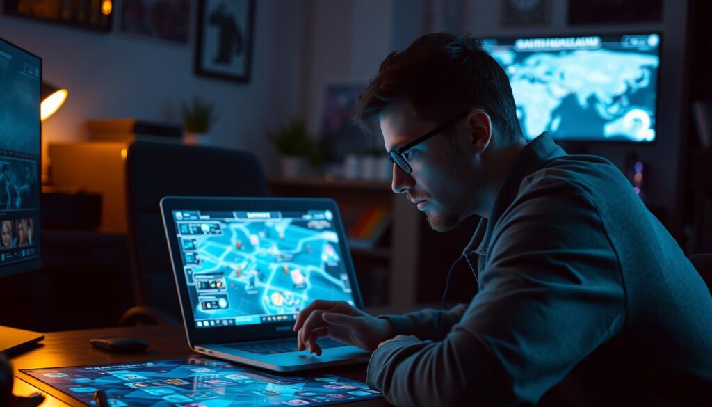 A thoughtful gamer intently studying a digital strategy board, illuminated by the soft glow of a laptop screen. The board is filled with icons and symbols representing various game elements, hinting at the complex decision-making process involved. The scene is set in a cozy, dimly lit home office, with subtle hints of the game's theme visible in the background. The overall atmosphere conveys a sense of focus, contemplation and the thrill of strategizing to achieve victory.