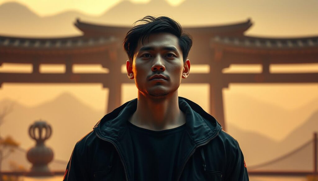 A thoughtful individual standing tall, their face serene and focused, radiating an aura of mental fortitude. The background is a tranquil setting, perhaps a zen garden or a serene mountain landscape, conveying a sense of balance and inner peace. Warm, diffused lighting illuminates the scene, creating a soft, meditative atmosphere. The composition is well-balanced, with the subject occupying the central focus, surrounded by elements that emphasize the concept of "心理素質" - the mental and emotional qualities that contribute to success. The overall impression is one of calm, resilience, and the mastery of one's inner world.