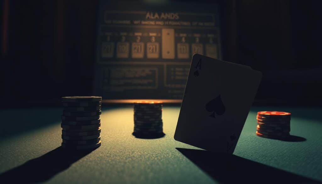 A thoughtfully composed study of poker hand formations, captured with a cinematic lens. In the foreground, a stack of poker chips and a pair of aces stand prominently, casting warm, moody shadows. The middle ground reveals a detailed diagram of various hand rankings, rendered in a technical, yet aesthetically pleasing manner. In the background, a dimly lit table surface and the subtle textures of green felt evoke the atmosphere of a high-stakes game. Dramatic chiaroscuro lighting accentuates the gravitas of the subject, conveying the intellectual depth of poker strategy.