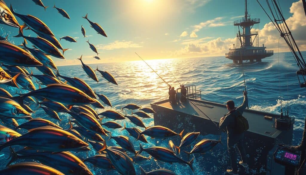 A thrilling deep-sea fishing scene with vibrant colors and dynamic action. In the foreground, a group of skilled anglers wielding high-tech rods, reeling in their catch amidst a school of shimmering, iridescent fish. The middle ground features a bustling offshore platform, with anglers perched on its edges, hauling in their prized hauls. In the background, a breathtaking ocean vista, bathed in warm golden light, with rolling waves and distant ships dotting the horizon. The overall atmosphere conveys the exhilaration and addictive allure of the popular "fishing game" phenomenon, drawing players into an immersive, visually captivating underwater world.