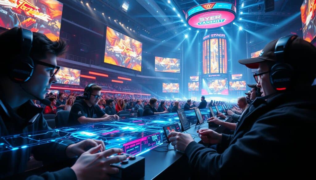 A thrilling online esports competition unfolds on a dynamic, futuristic gaming stage. In the foreground, skilled players intensely focused, fingers flying over sleek controllers as they compete for victory. Holographic overlays and dazzling visual effects illuminate the middle ground, immersing spectators in the high-stakes action. The background features a vast, technologically-advanced arena, its towering screens and neon-lit architecture creating an atmosphere of cutting-edge innovation and competition. Dramatic lighting casts dynamic shadows, heightening the tension and excitement of the event. An atmosphere of intense, adrenaline-fueled gameplay pervades the scene, capturing the essence of the dynamic world of online esports.