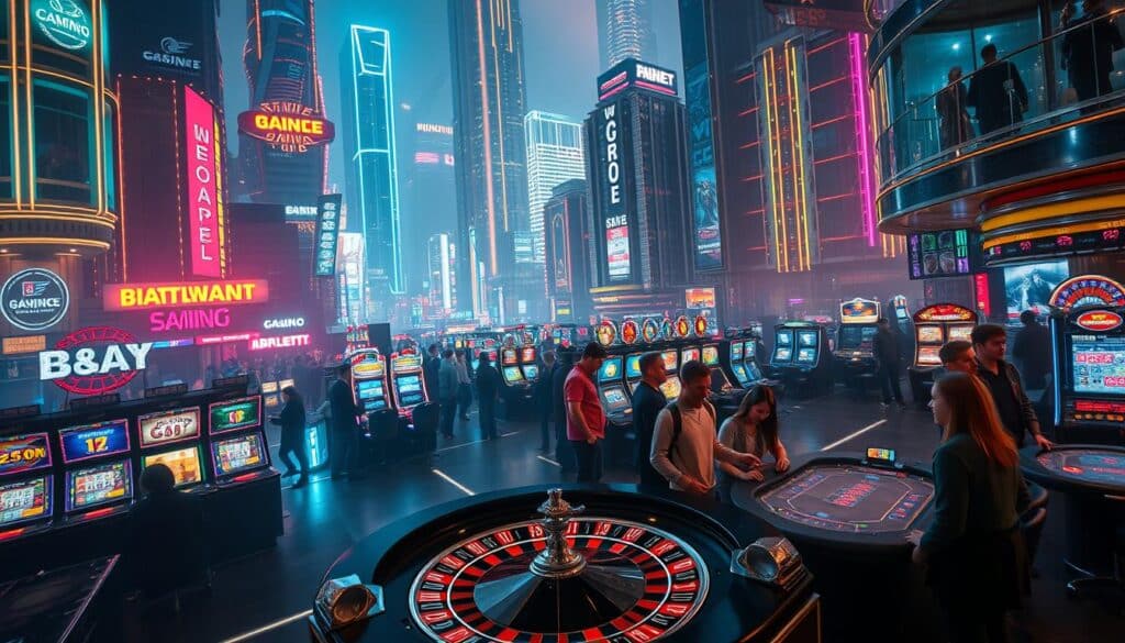 A thriving online casino metropolis, its towering neon-lit skyscrapers and glittering gambling halls reflected in the sleek, chrome-plated surfaces. Dazzling lights and a pulsing energy fill the air, drawing in a steady stream of players eager to try their luck. In the foreground, a group of people gathered around a roulette table, their faces alight with excitement as the wheel spins. The middle ground showcases the diverse range of gaming options, from slot machines to high-stakes poker tables, all designed to captivate and entertain. In the background, a hazy, almost dreamlike atmosphere sets the mood, hinting at the allure and mystery of the online casino world. Masterfully composed with a cinematic flair, this image captures the rise and prosperity of the online entertainment industry.