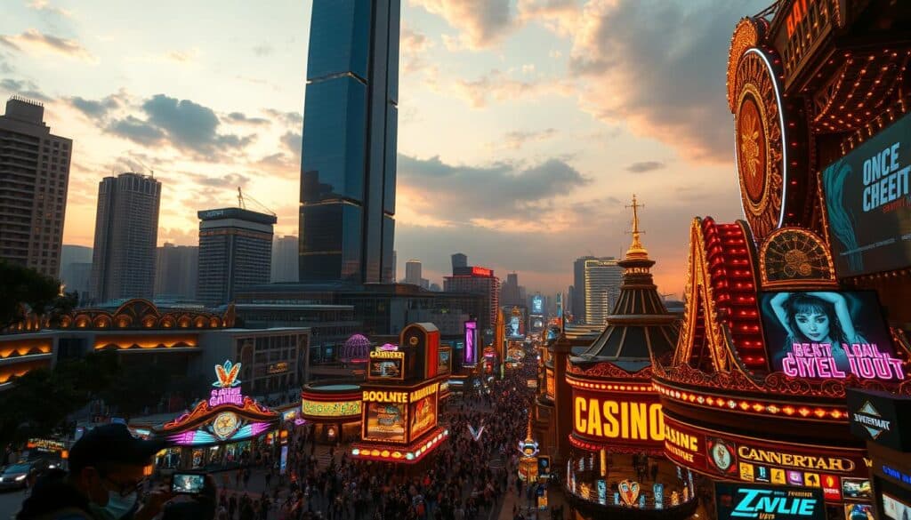 A towering skyscraper casting long shadows across a bustling cityscape, its sleek glass facade reflecting the hues of a setting sun. In the foreground, a sprawling casino complex exudes an air of opulence, its neon lights and ornate architecture creating an atmosphere of excitement and indulgence. Throngs of people move through the bustling streets, their expressions a mix of anticipation and trepidation as they navigate the legal landscape of this burgeoning online gambling industry. The scene is infused with a sense of both the allure and the uncertainty that surrounds this rapidly evolving sector, a visual representation of the complex interplay between commerce, regulation, and personal freedom.