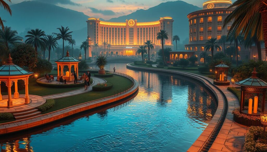 A tranquil casino resort with a serene river winding through the lush, landscaped gardens. The riverbanks are lined with ornate stone pathways and elegant pavilions, inviting visitors to stroll and enjoy the soothing flow of the water. In the distance, the main casino building rises, its grand architecture and softly illuminated windows reflecting in the still surface of the river. The scene is bathed in a warm, golden glow, creating a serene and inviting atmosphere. A group of well-dressed patrons sit by the riverside, discussing the casino's generous return-to-player (RTP) policy that offers players a fair and rewarding gaming experience.