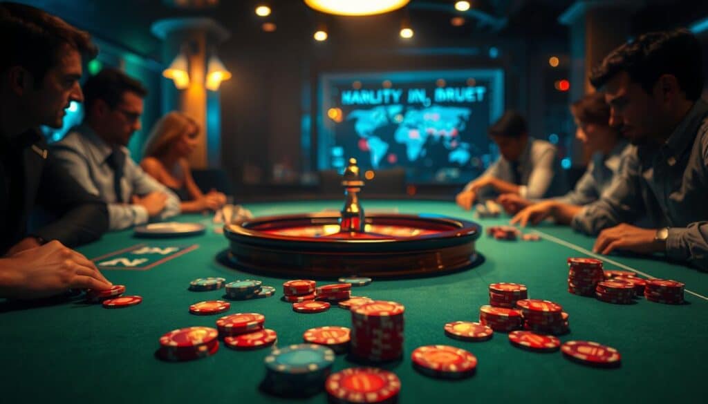 A tranquil casino table, the green felt surface a canvas for the interplay of luck and strategy. Overhead, a soft spotlight illuminates the scene, casting a warm glow that beckons the player. Delicate casino chips in vibrant hues are scattered across the table, their reflective surfaces glimmering with the promise of potential winnings. In the center, the iconic roulette wheel stands as a symbol of chance, its spinning motion a mesmerizing dance of fate. Surrounding the table, the blurred silhouettes of other players, their expressions a mix of concentration and anticipation, creating an atmosphere of quiet intensity. The image captures the essence of baccarat, where the balance between fortune and strategy is the key to success.