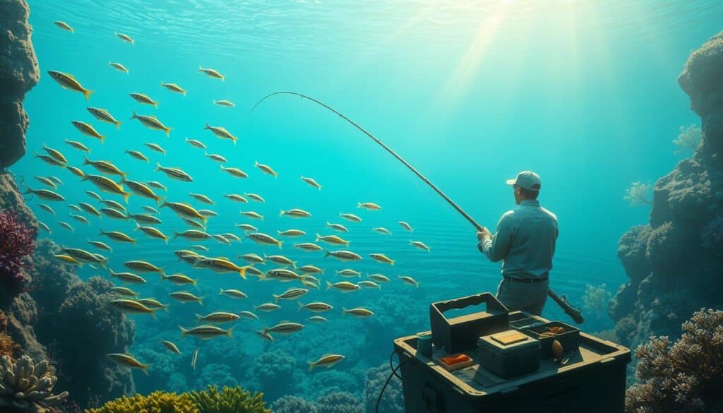 A tranquil fishing scene set against a vibrant, underwater seascape. In the foreground, a skilled fisherman expertly casts their line, their movements fluid and precise. Shimmering schools of fish dart amongst the coral and kelp, creating a mesmerizing dance of color and movement. The middle ground features a variety of fishing gear, including a tackle box and bait, hinting at the strategic elements of the game. The background depicts a serene, blue-hued ocean horizon, with sunlight filtering through the water, illuminating the entire scene with a warm, dreamlike glow. The overall mood is one of calm concentration, with the fisherman fully immersed in the thrill of the catch.